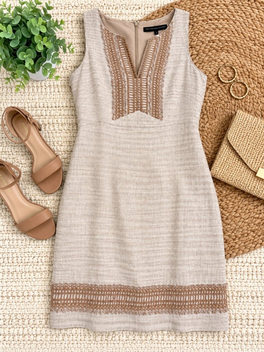 White House Black Market Size 2 Beige Embroidered Sheath Dress Boho